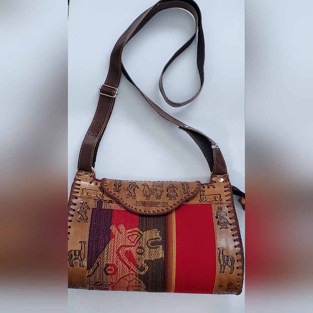 Handmade Peruvian Folk Art Crossbody Bag Embossed Leather Andean Textile Midsize